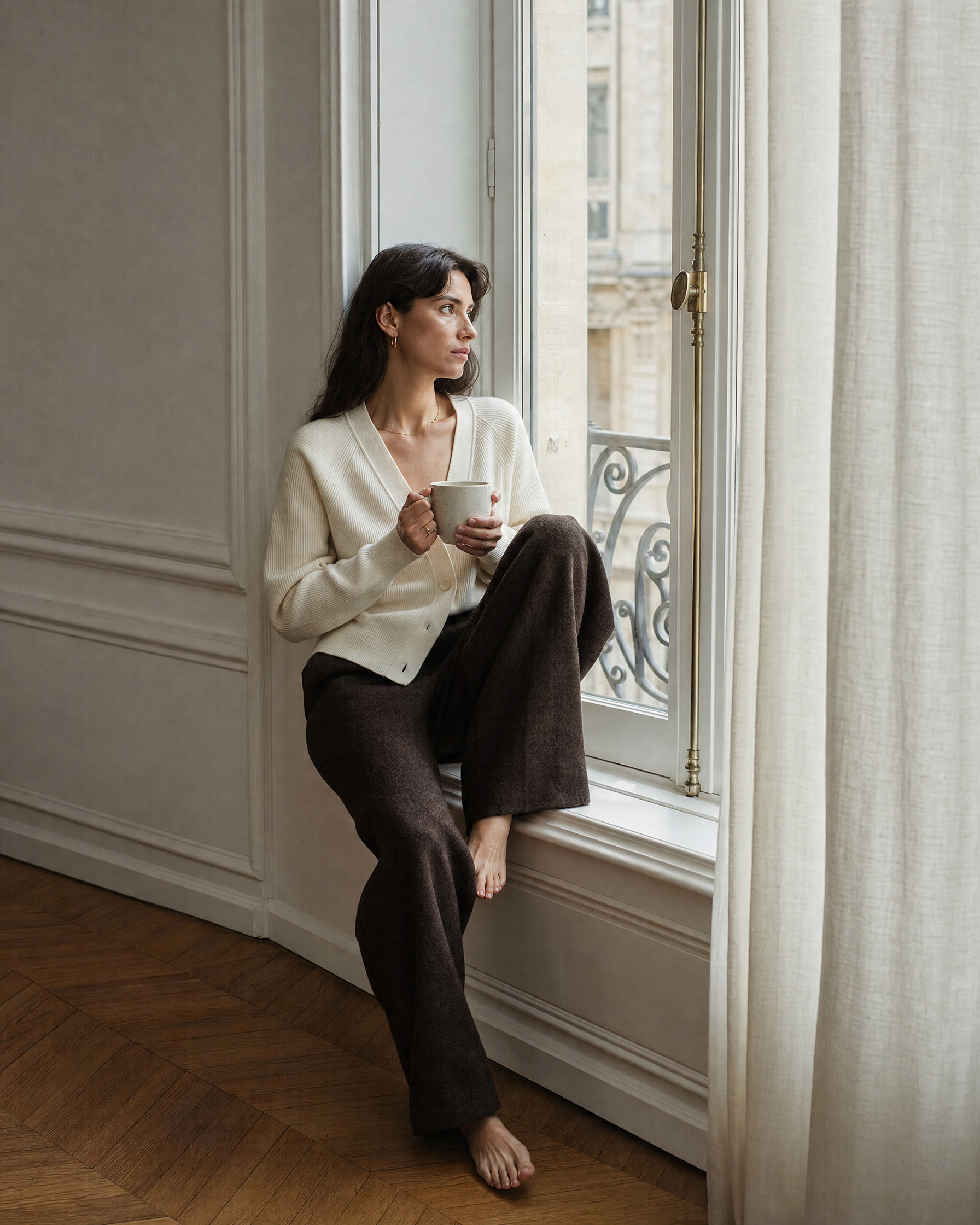 Woman in the Rowa Ayla Cotton Cardigan by a Paris apartment window